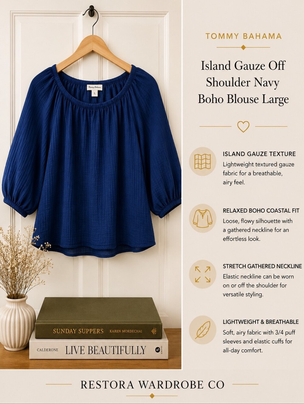 Tommy Bahama Island Gauze Off Shoulder Navy Boho Blouse Large